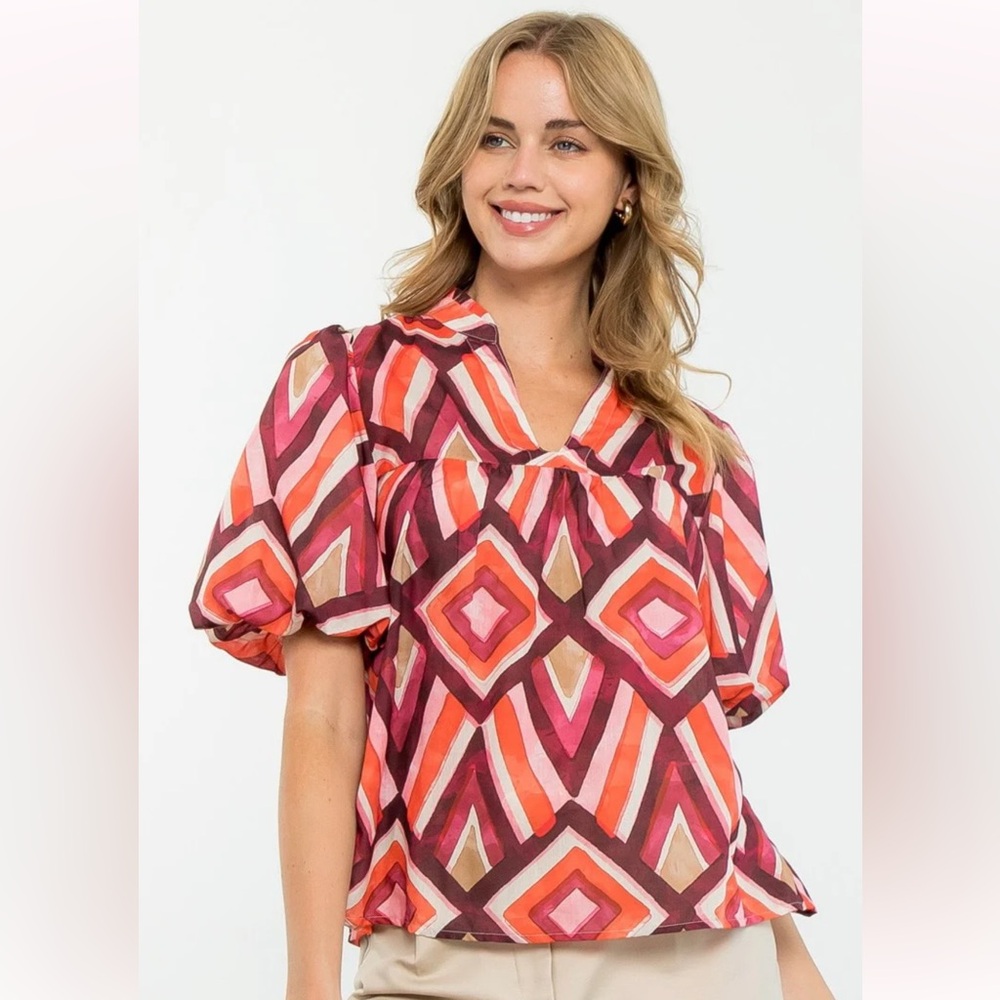 THML short sleeve balloon sleeve blouse ruffle collar COLORFUL BOHO SIZE SMALL